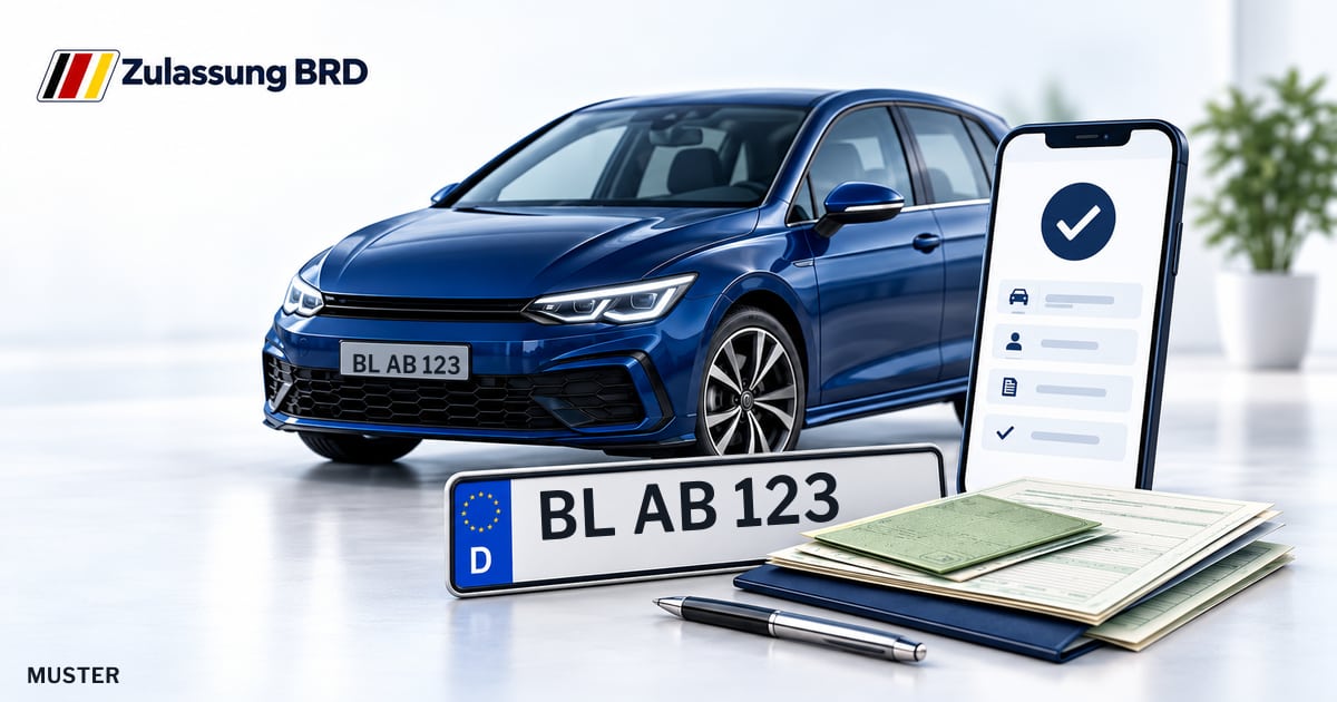 Online Fahrzeugzulassung in Hechingen: Musterkennzeichen BL AB 123, Auto und Fahrzeugpapiere und Smartphone. Illustration mit Logo von Zulassung BRD.